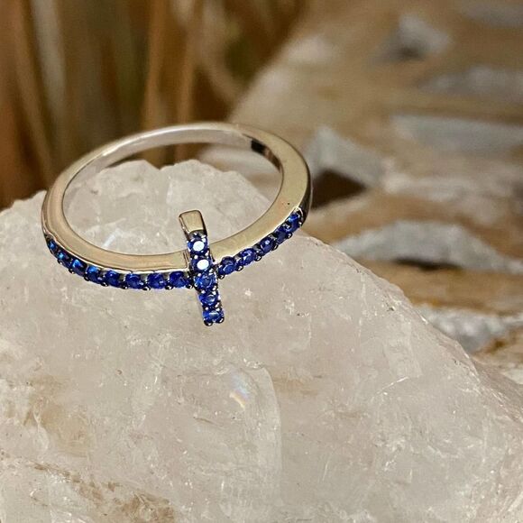Blue Sapphire Cz Sterling Silver Sideways Cross Ring Size 7 - Picture 11 of 14
